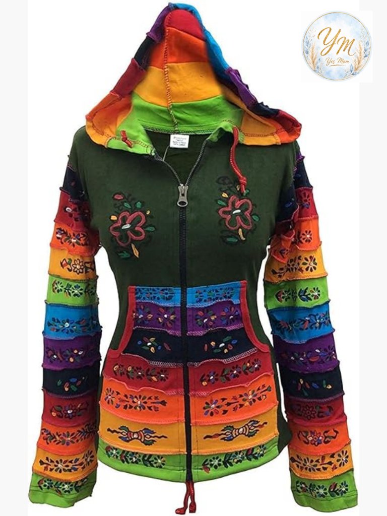 Rainbow Sleeve Flower Patch Hoodie - Lightweight Cotton Cardigan